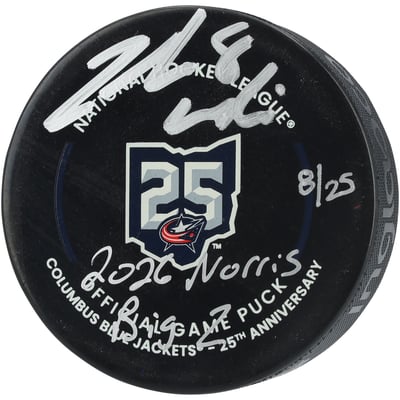 Zach Werenski Columbus Blue Jackets Autographed Fanatics Authentic 25th Anniversary Official Game Puck with Multiple Inscriptions - Limited Edition #8/25