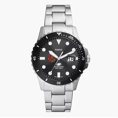 Cornell Big Red Fossil Blue Dive Three-Hand Date Stainless Steel Watch - Silver
