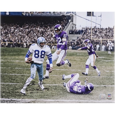 Drew Pearson Dallas Cowboys Autographed Fanatics Authentic 16" x 20" 1975 NFC Divisional Round Hail Mary vs. Minnesota Vikings Photograph with "The First Hail Mary" Inscription
