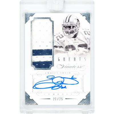 Emmitt Smith Dallas Cowboys Autographed 2014 Panini Flawless Greats Game Used Dual-Color Jersey Relic #15 #21/25 Card