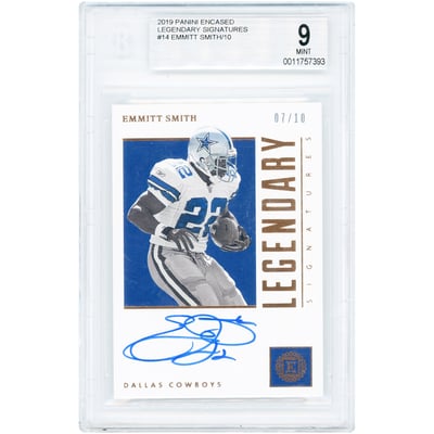 Emmitt Smith Dallas Cowboys Autographed 2019 Panini Encased Legendary Signatures #LS-ESM #7/10 BGS Authenticated 9/10 Card