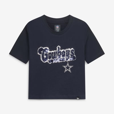  Dallas Cowboys New Era Girls  Youth Flip Sequin Boxy T-Shirt - Navy