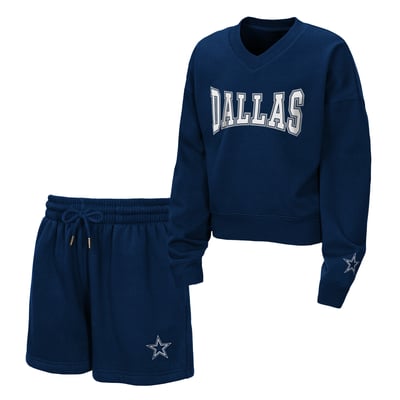  Dallas Cowboys WEAR by Erin Andrews Girls Youth Red Zone Fleece V-Neck Sweatshirt and Shorts Set - Navy