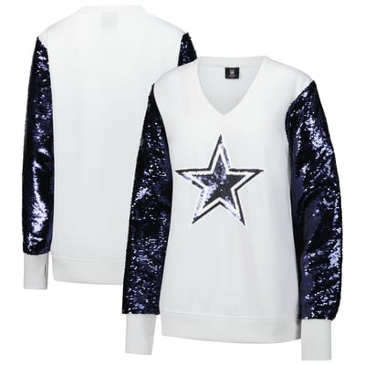 Dallas Cowboys FABGATING by Cuce Women's Sequin Sleeve V-Neck Sweatshirt- White