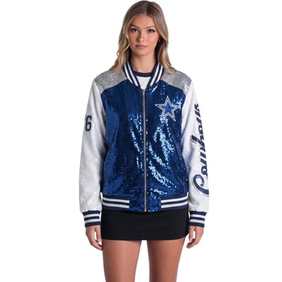  Dallas Cowboys The Wild Collective Women's Full-Zip Sequin Bomber Jacket - Navy