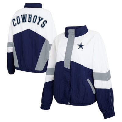  Dallas Cowboys WEAR by Erin Andrews Women's Crinkle Full-Zip Hooded Windbreaker Jacket - White/Navy