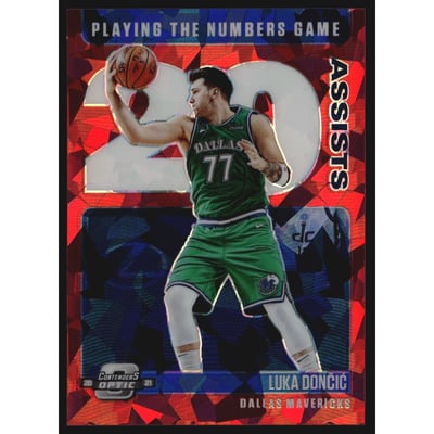 2020-21 Panini Contenders Optic Playing the Numbers Game Red Cracked Ice #28 Luka Doncic