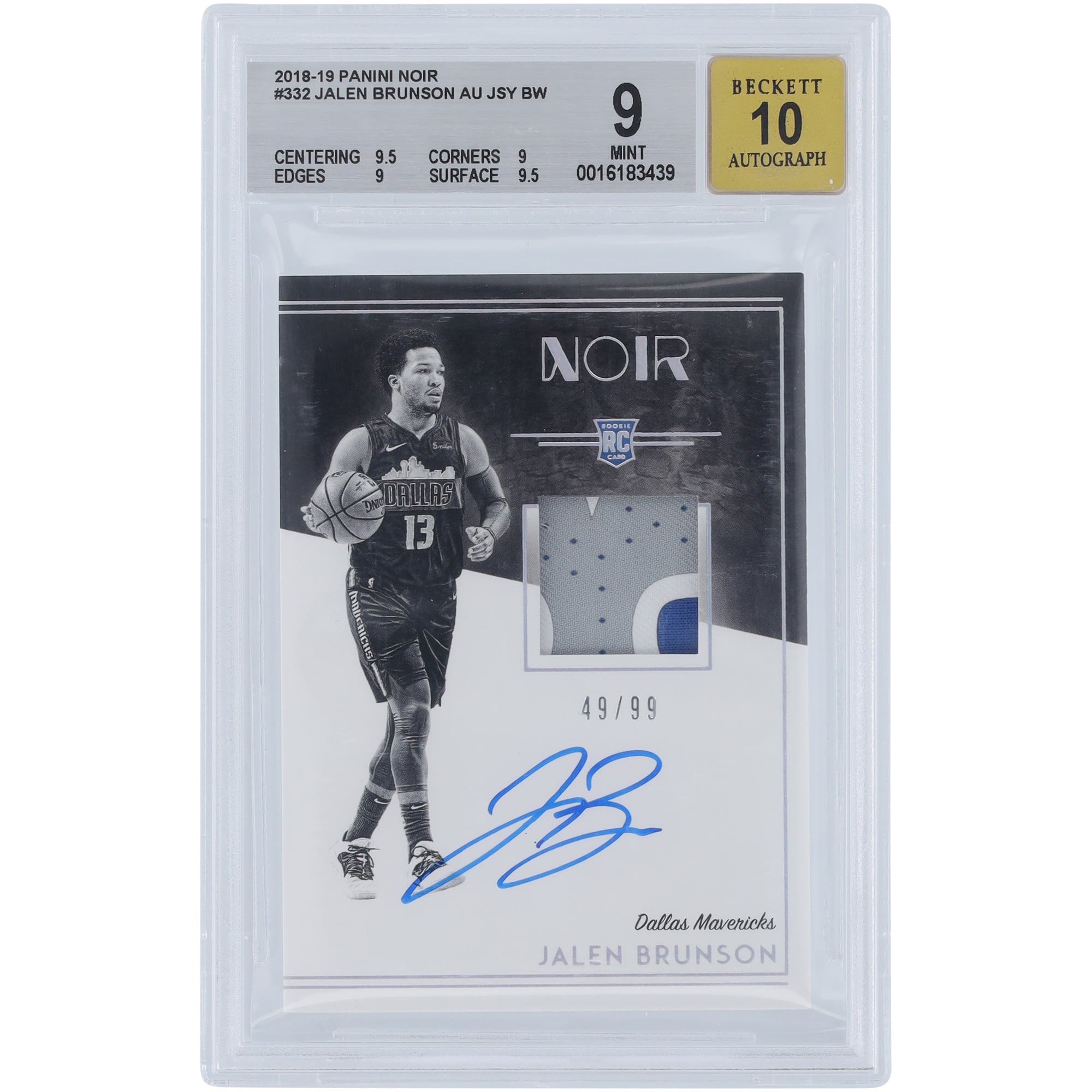 Jalen Brunson Dallas Mavericks Autographed 2018-19 Panini Noir Tri 