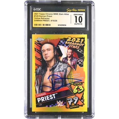 Damian Priest WWE Autographed 2021 Topps Chrome Slam Attax Yellow Refractor #129 #/99 CGC Fanatics Witnessed Authenticated 10/10 Card