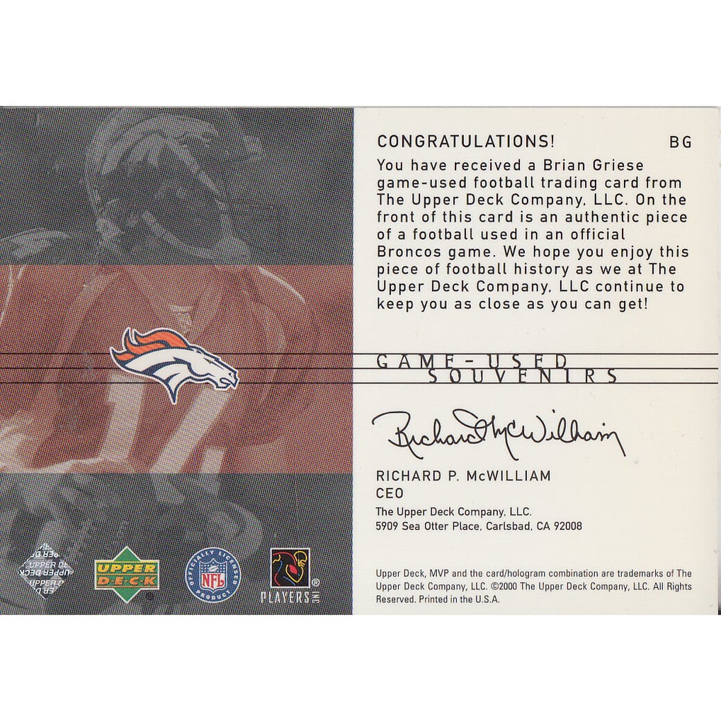 2000 Upper Deck MVP Game Used Souvenirs #BG Brian Griese