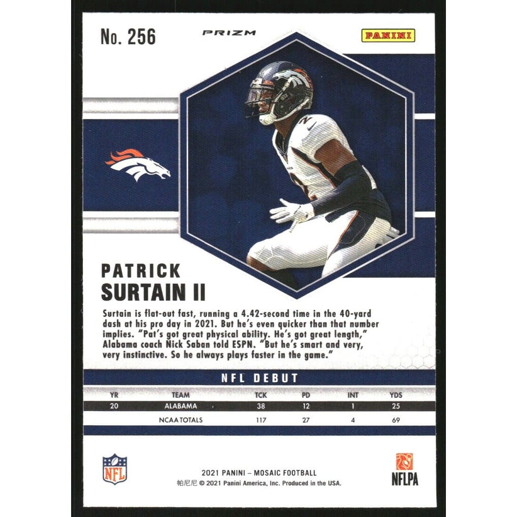 2021 Panini Mosaic Mosaic Reactive Blue #256 Patrick Surtain II DEB