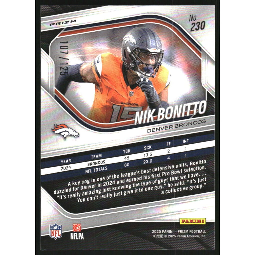 2025 Panini Prizm Prizms Purple #230 Nik Bonitto