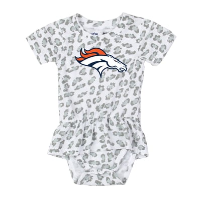  Denver Broncos Wes & Willy Girls Infant Leopard Print Ruffled Romper - White