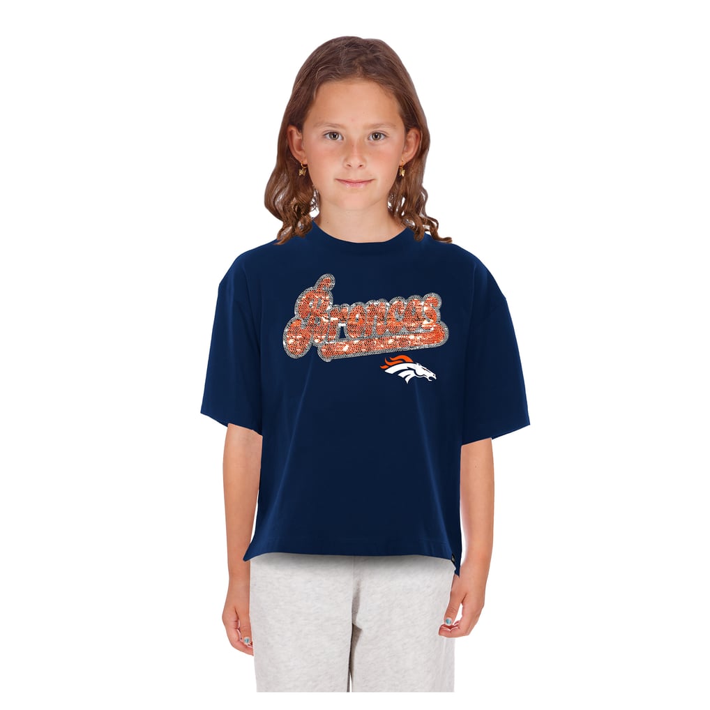 Girls Youth New Era  Navy Denver Broncos Flip Sequin Boxy T-Shirt