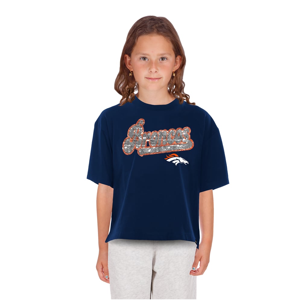 Girls Youth New Era  Navy Denver Broncos Flip Sequin Boxy T-Shirt