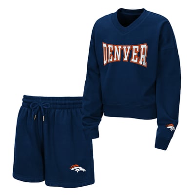  Denver Broncos WEAR by Erin Andrews Girls Youth Red Zone Fleece V-Neck Sweatshirt and Shorts Set - Navy
