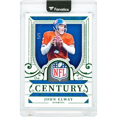 John Elway Denver Broncos 2025 Panini National Treasures Century Materials NFL Crest Laundry Tag Relic Emerald #CM-JEY #5/5 Card 