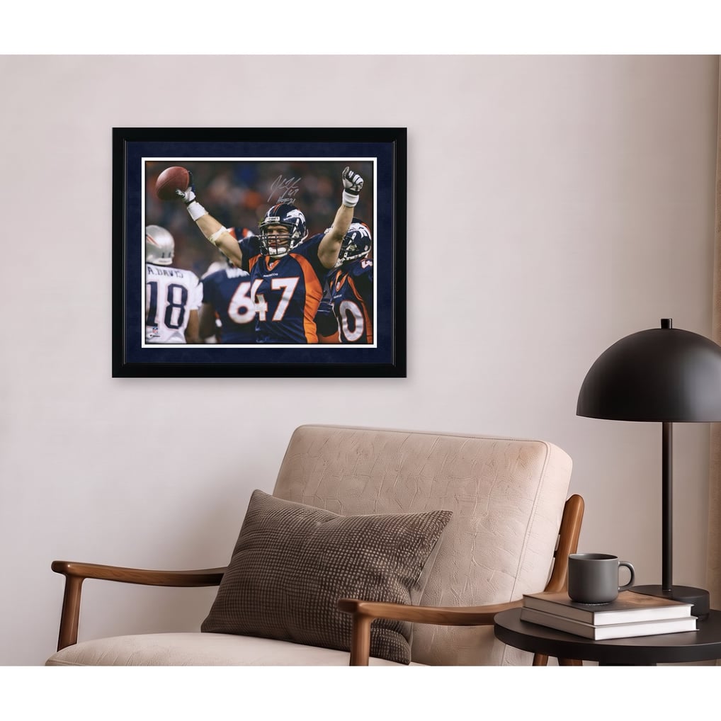 John Lynch Denver Broncos Autographed 16" x 20" Arms Up Celebrating Photograph with "HOF 21" Inscription