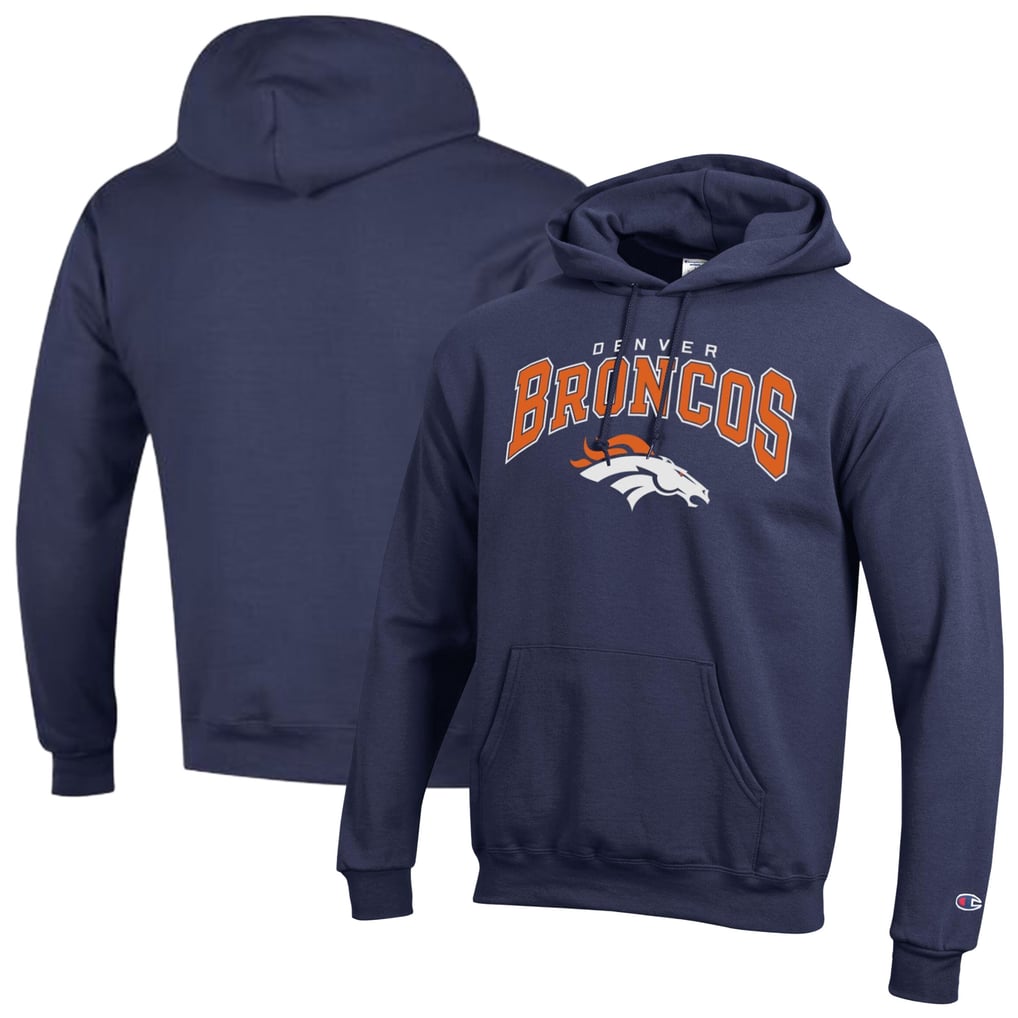 Men's Champion Navy Denver Broncos Powerblend Arch over Logo Hoodie