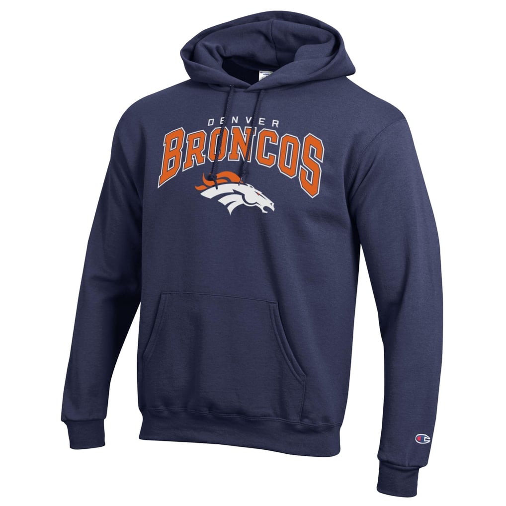 Men's Champion Navy Denver Broncos Powerblend Arch over Logo Hoodie