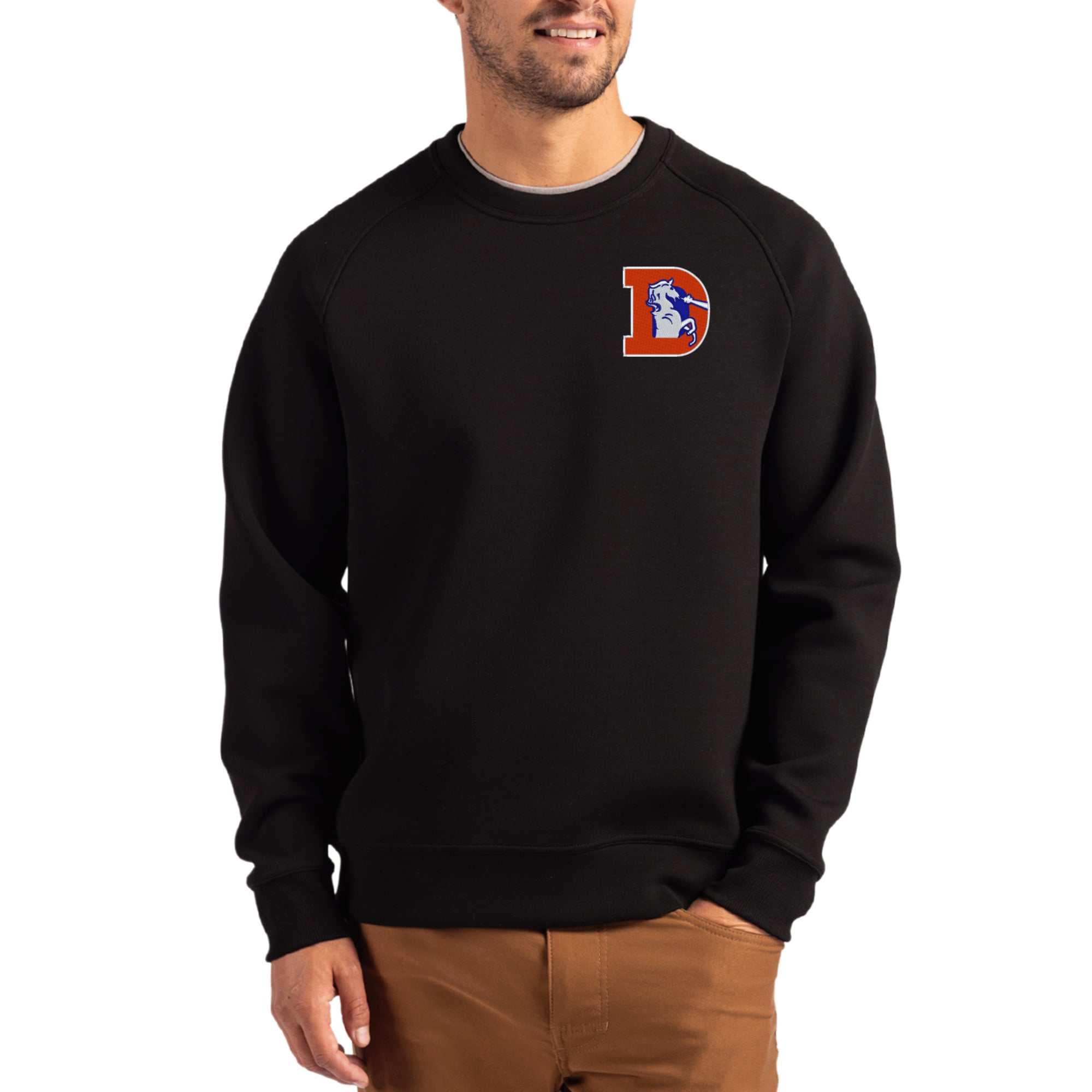 Denver Broncos Cutter & Buck Throwback Roam Recycled Raglan Pullover Sweatshirt - Black