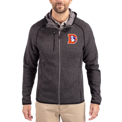  Denver Broncos Cutter & Buck Throwback Mainsail Sweater-Knit Full-Zip Hoodie - Heather Charcoal