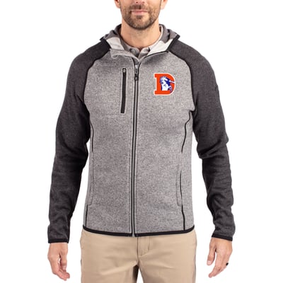  Denver Broncos Cutter & Buck Throwback Mainsail Sweater-Knit Full-Zip Hoodie - Heather Gray/Heather Charcoal