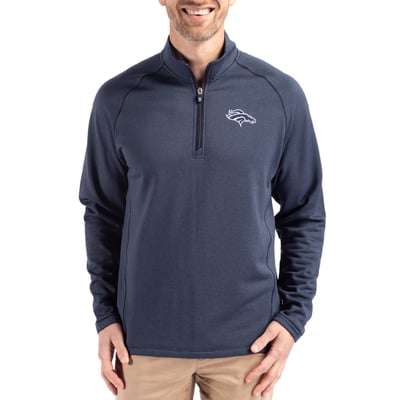 Denver Broncos Cutter & Buck Peshastin Eco Fleece Tri-Blend Raglan Recycled Quarter-Zip Jacket -  Heather Navy