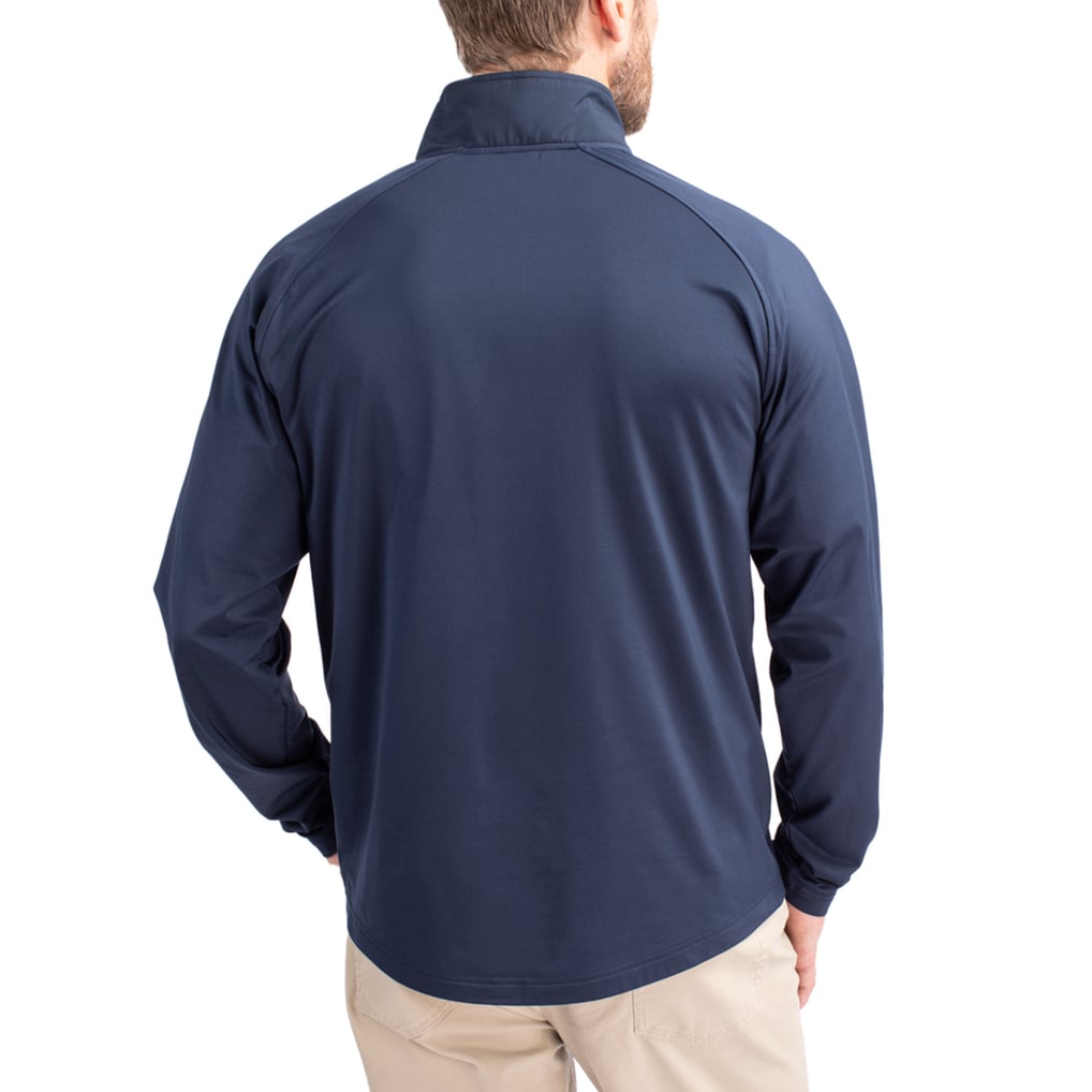Men's Cutter & Buck Navy Denver Broncos Adapt Eco Knit Hybrid Recycled Quarter-Zip Raglan Jacket