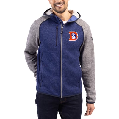  Denver Broncos Cutter & Buck Throwback Mainsail Sweater-Knit Full-Zip Hoodie - Royal/Heather Gray
