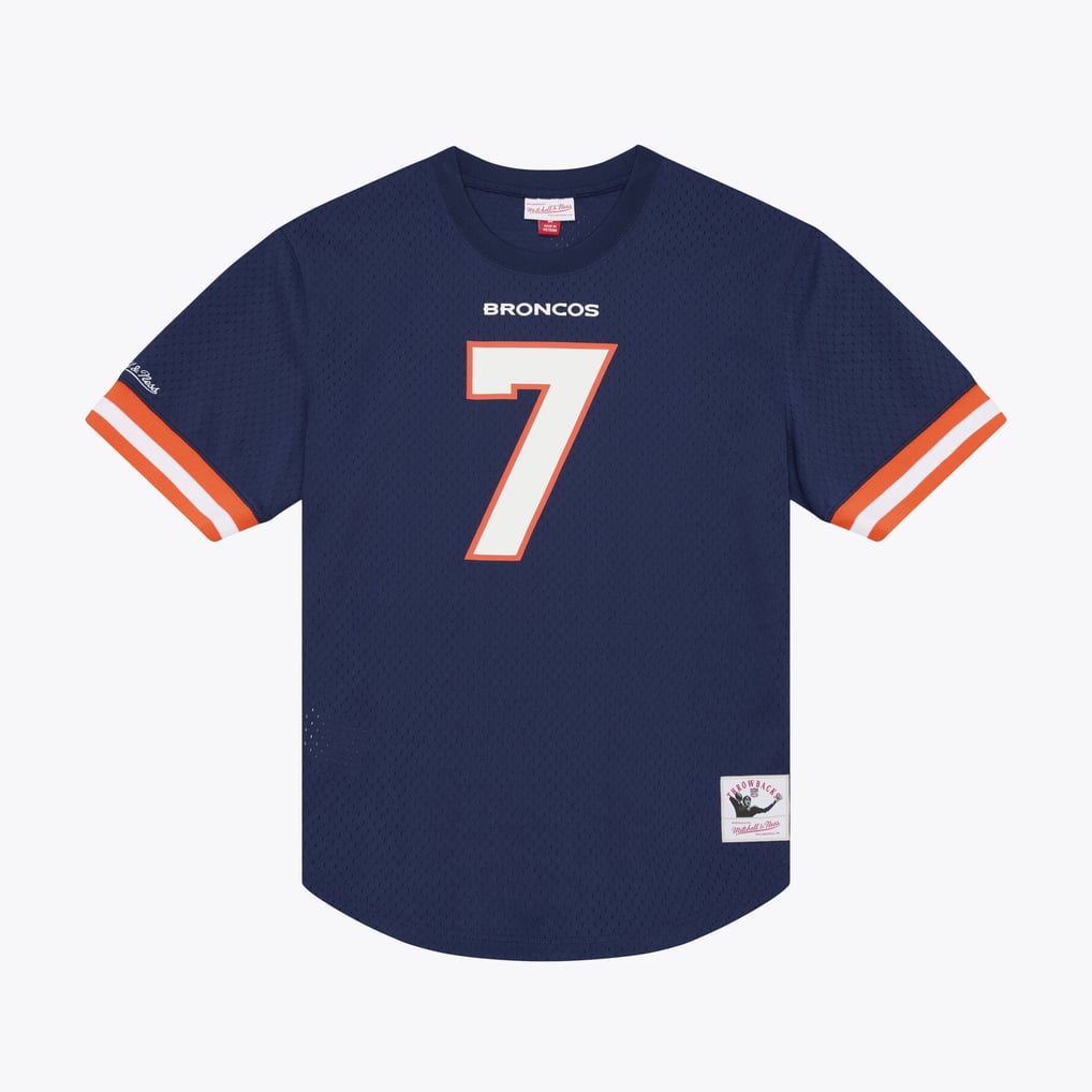 Men's Mitchell & Ness John Elway Navy Denver Broncos Retired Player Name & Number Mesh Top