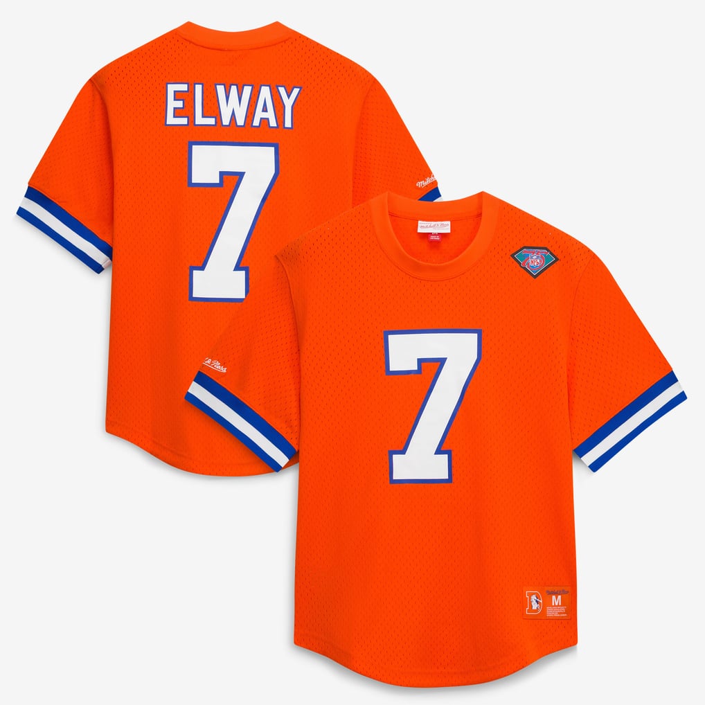 Men's Mitchell & Ness John Elway Orange Denver Broncos Retired Player Name & Number Mesh Top