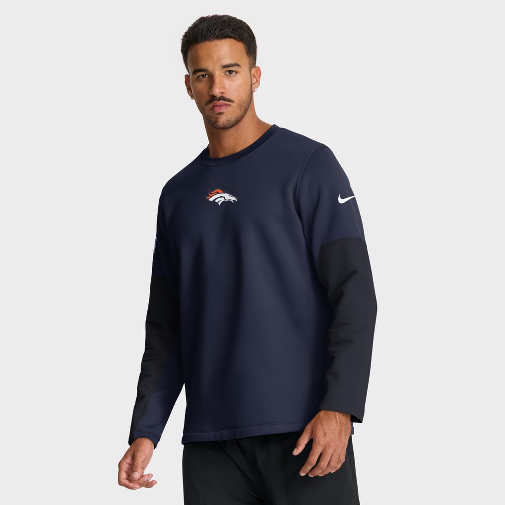 Men's Nike Navy Denver Broncos Sideline Coaches Midweight Therma-FIT Crew Pullover