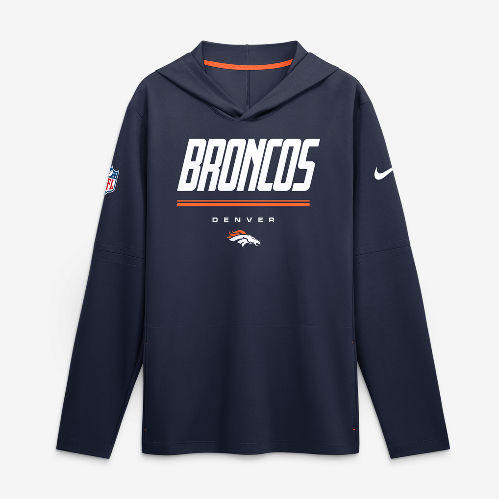 Men's Nike Navy Denver Broncos Sideline Game On Lightweight Long Sleeve Hooded Dri-FIT Top