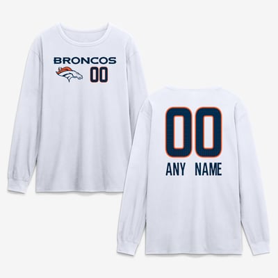 Denver Broncos  Touchdown Wordmark Personalized Name & Number Long Sleeve T-Shirt - White