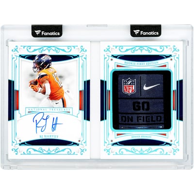RJ Harvey Denver Broncos Autographed 2025 Panini National Treasures Laundry Tag Booklet #RFES-RHY #1/1 Rookie Card