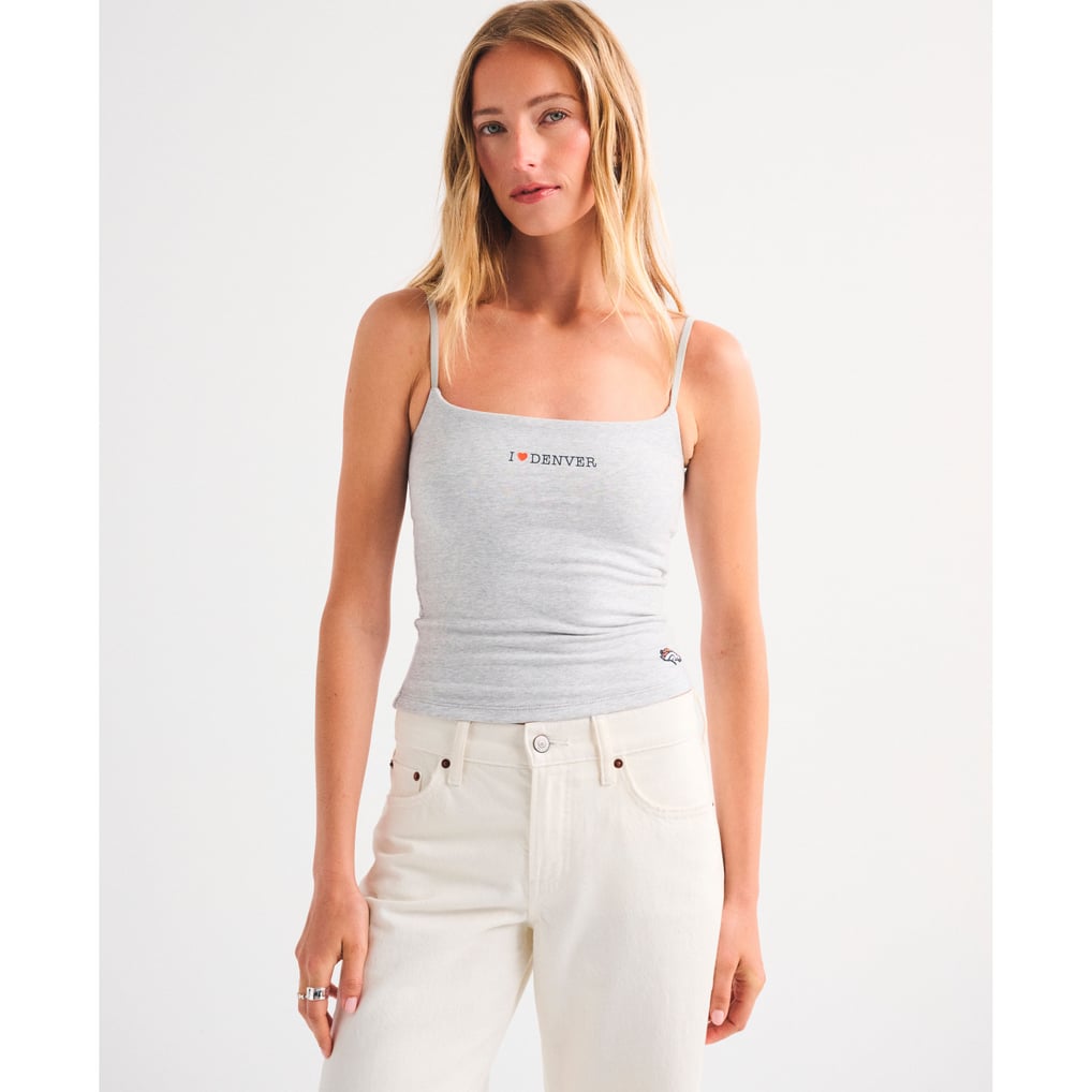 Heather gray Abercrombie and Fitch Broncos 90s cami with a square neckline.