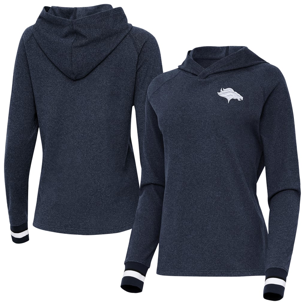 Denver Broncos Antigua Women's Trek Raglan Pullover Hoodie - Heather Navy