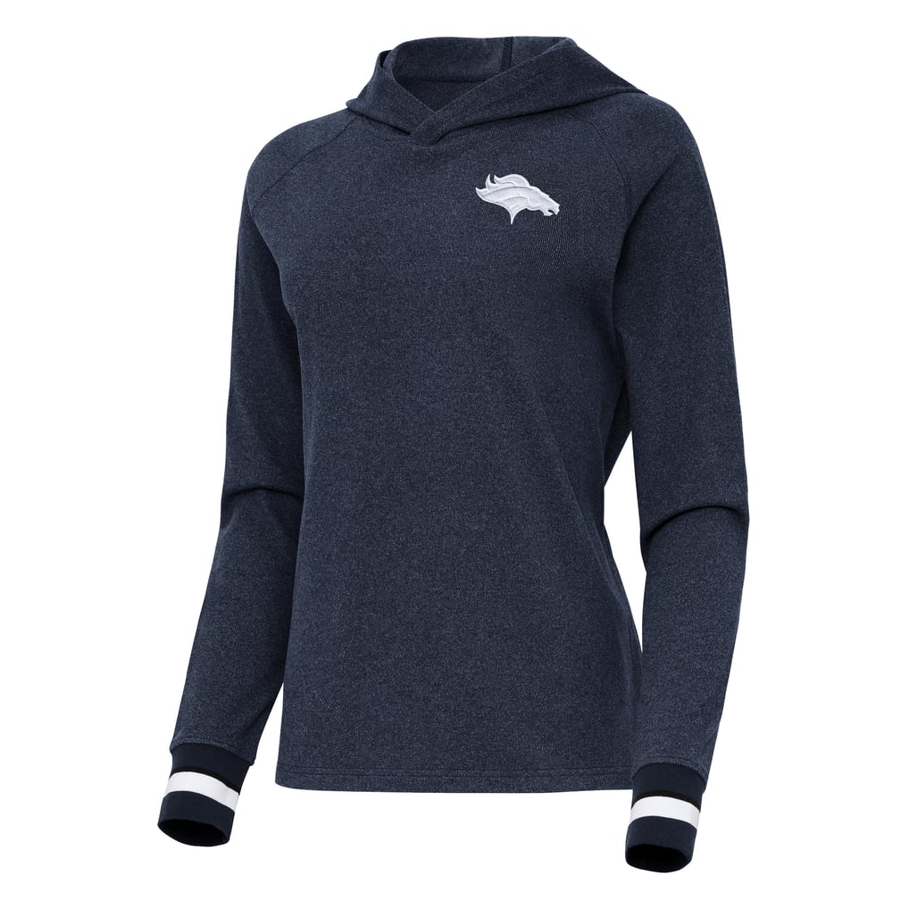 Denver Broncos Antigua Women's Trek Raglan Pullover Hoodie - Heather Navy