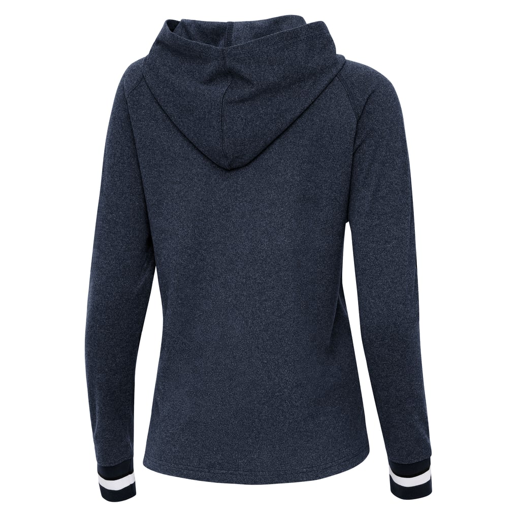 Denver Broncos Antigua Women's Trek Raglan Pullover Hoodie - Heather Navy