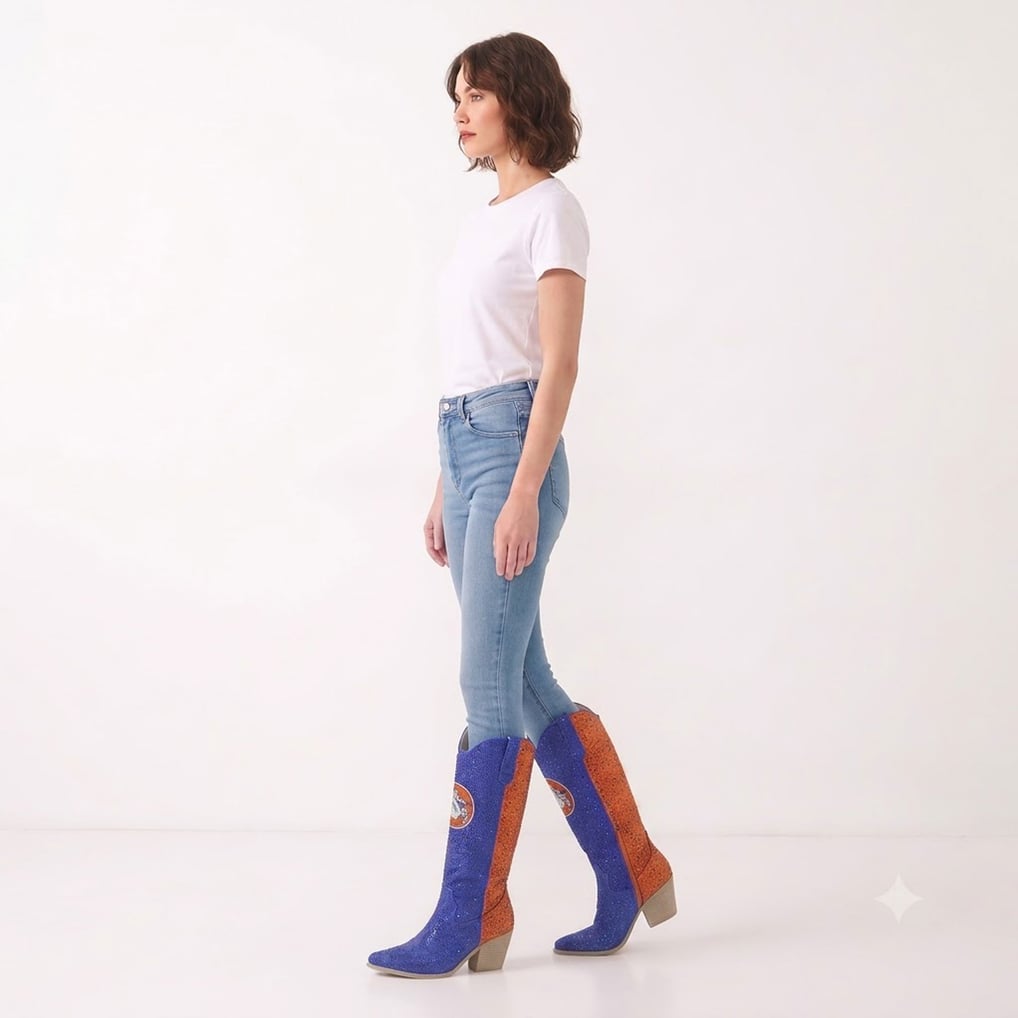 Women's Cuce  Blue/Orange Denver Broncos Two-Tone Crystal Cowboy Boot