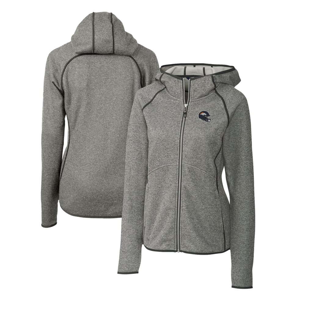 Women's Cutter & Buck  Heather Gray Denver Broncos Helmet Logo Mainsail Sweater-Knit Full-Zip Hoodie