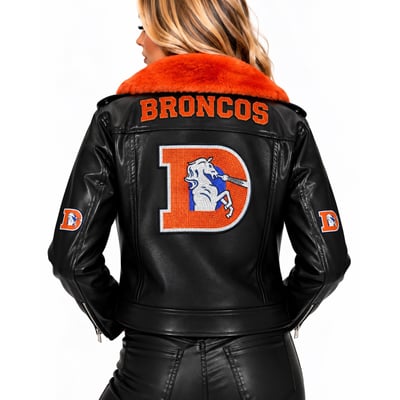 Denver Broncos FABGATING by Cuce Women's Vegan Leather Faux Fur Moto Full-Snap Jacket - Black/Orange