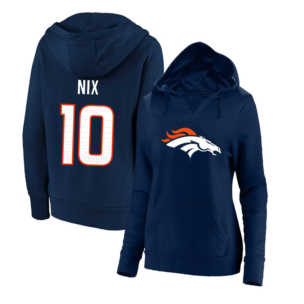 Women's Fanatics Bo Nix Navy Denver Broncos Plus Size Player Name & Number Notch Neck Hoodie