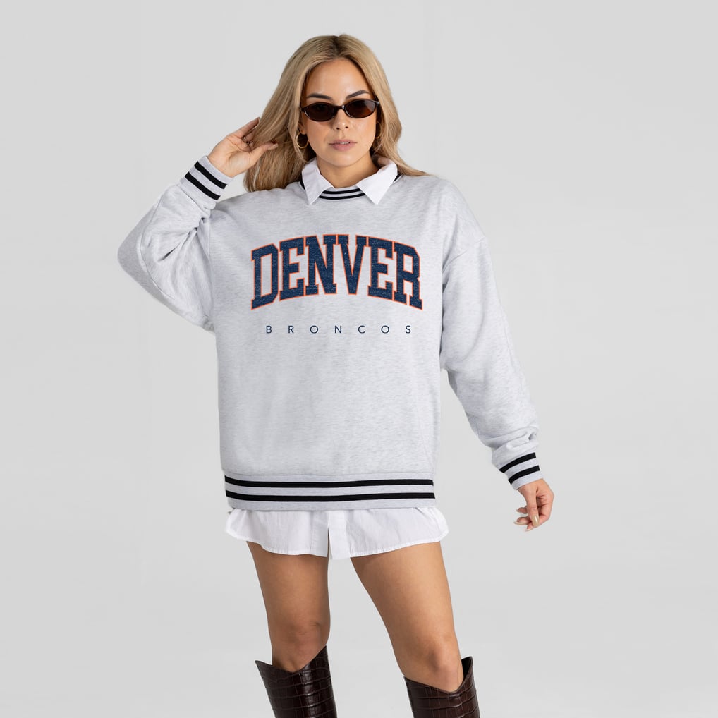 Women's Gameday Couture Ash Denver Broncos Oversized Easy Energy Ringer Stripe Sweatshirt