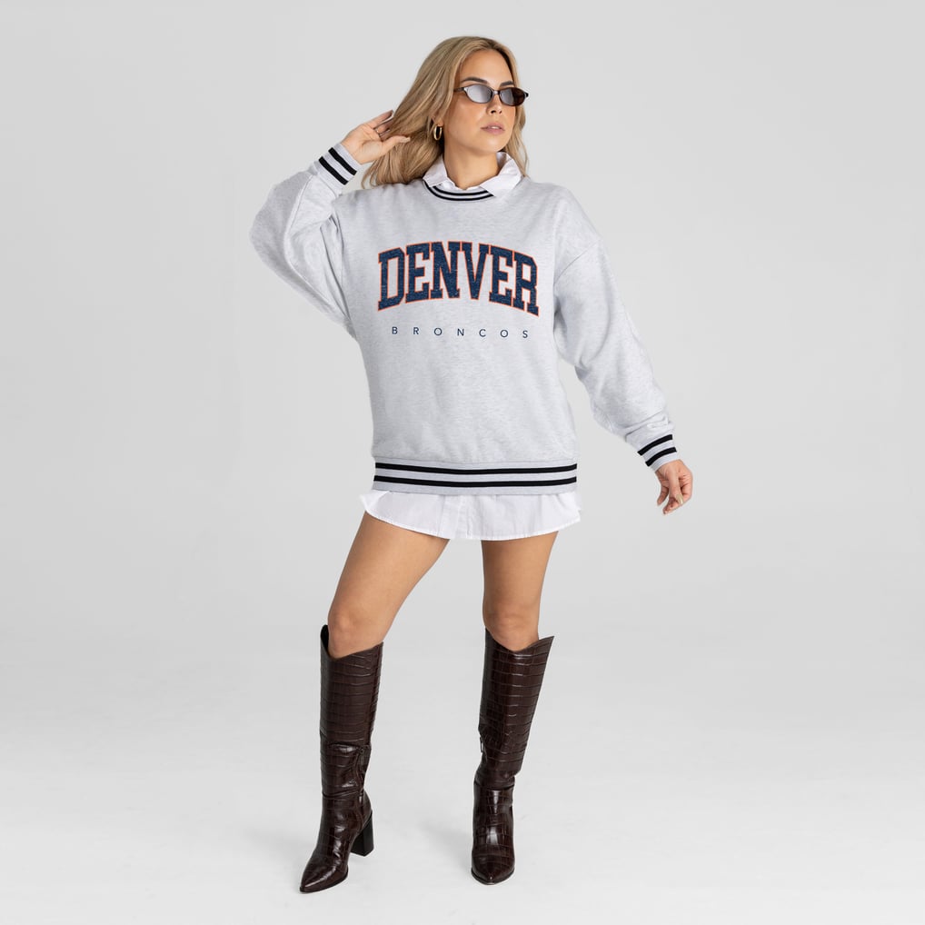 Women's Gameday Couture Ash Denver Broncos Oversized Easy Energy Ringer Stripe Sweatshirt