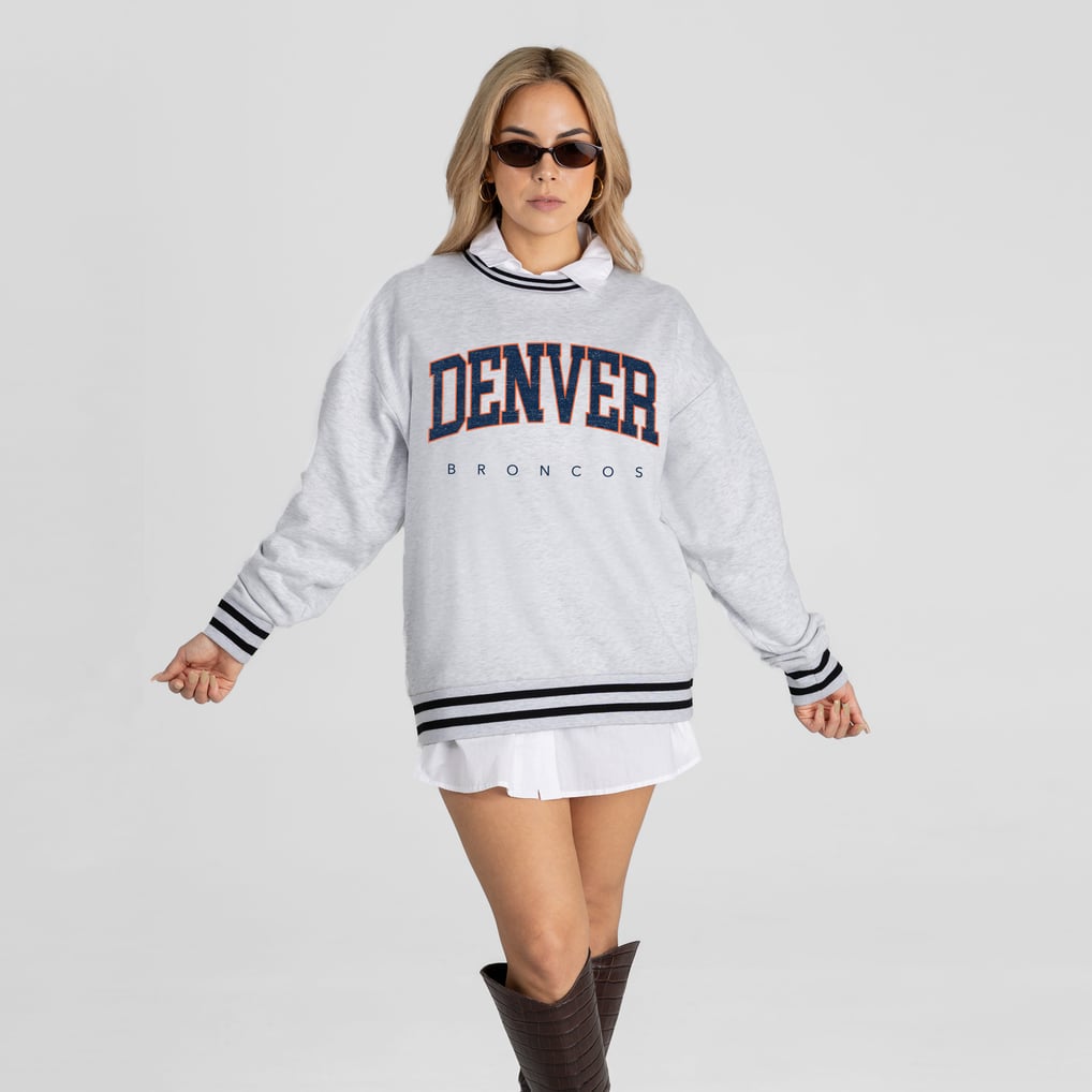Women's Gameday Couture Ash Denver Broncos Oversized Easy Energy Ringer Stripe Sweatshirt