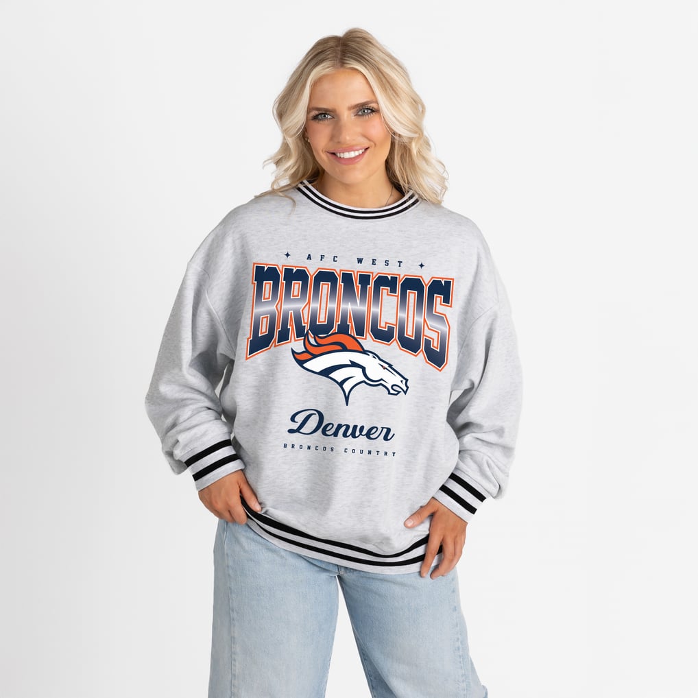 Women's Gameday Couture Ash/Black Denver Broncos Oversized Gridiron Drive Ringer Stripe Sweatshirt