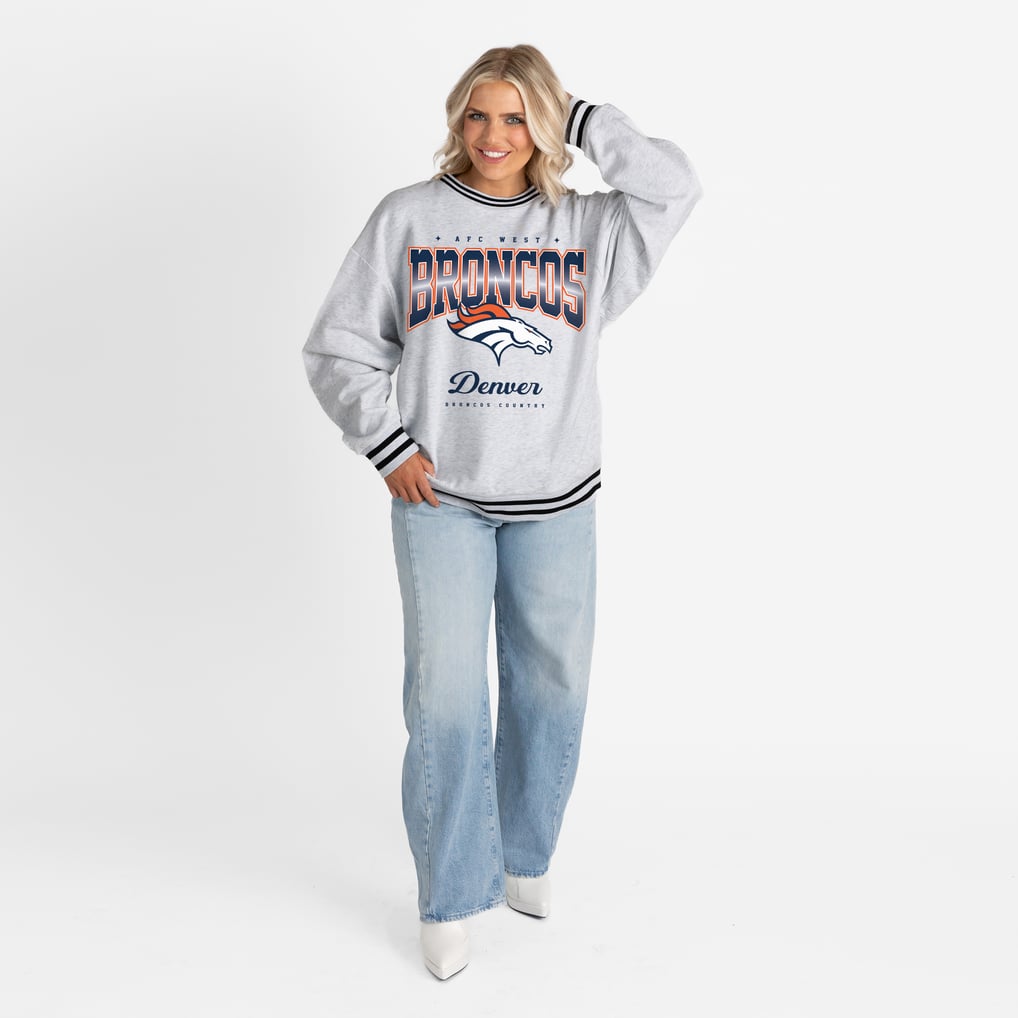 Women's Gameday Couture Ash/Black Denver Broncos Oversized Gridiron Drive Ringer Stripe Sweatshirt