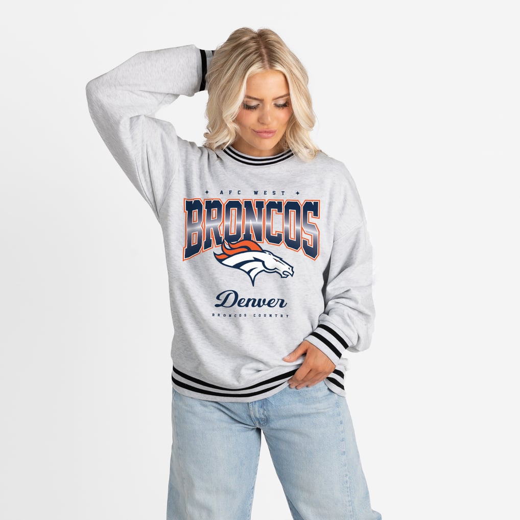 Women's Gameday Couture Ash/Black Denver Broncos Oversized Gridiron Drive Ringer Stripe Sweatshirt